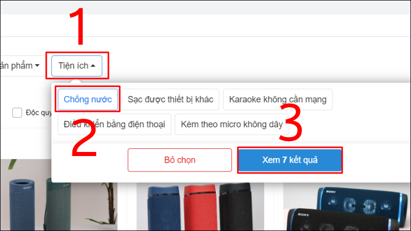 Chọn tiện ích chống nước để lọc kết quả
